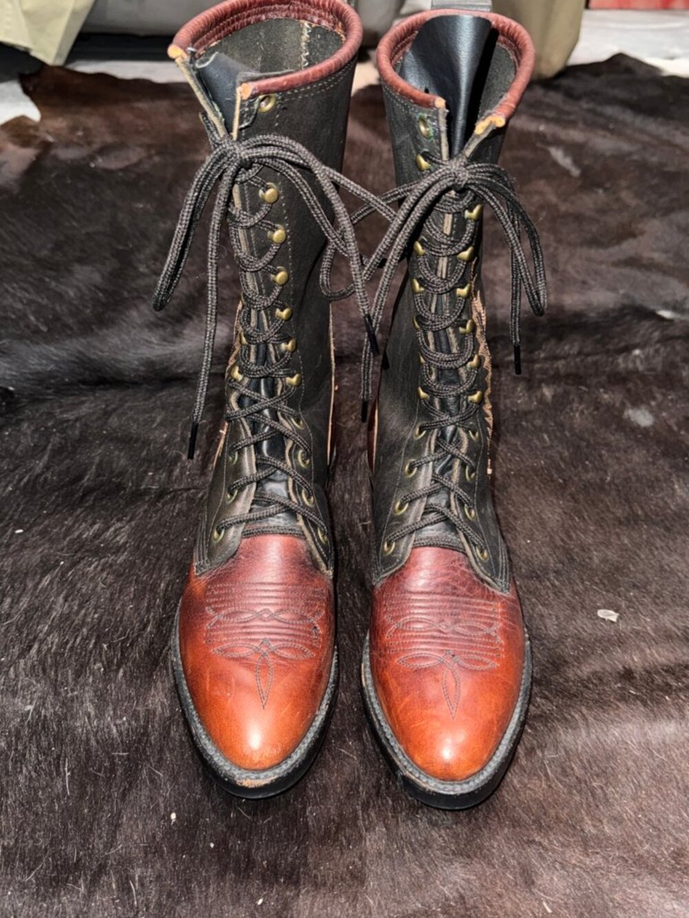 Abilene Packer Boots Lace Up Western Cowboy Two Tone Leather Embroided 6M Womens